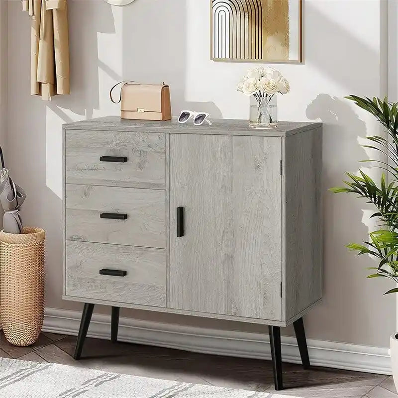 Meuble de rangement avec porte en rotin et 3 tiroirs - 30P x 80L x 78H cm
