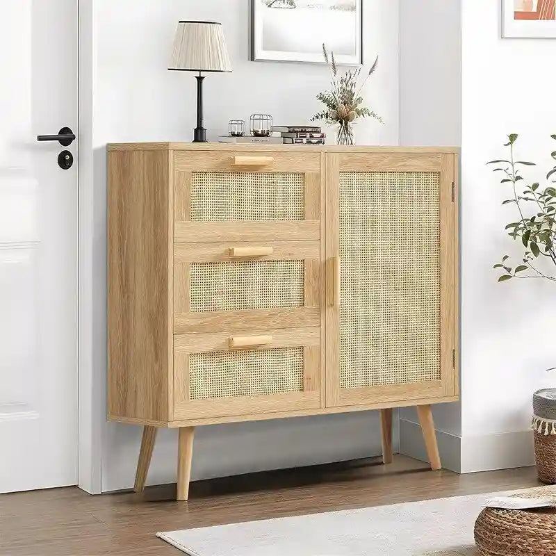 Meuble de rangement avec porte en rotin et 3 tiroirs - 30P x 80L x 78H cm