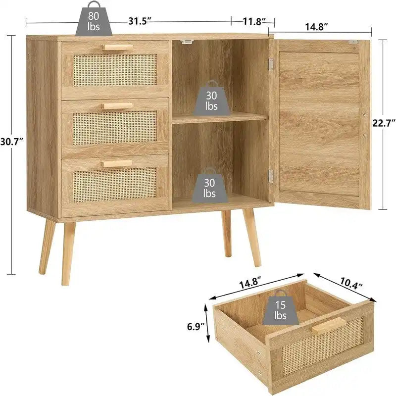 Meuble de rangement avec porte en rotin et 3 tiroirs - 30P x 80L x 78H cm