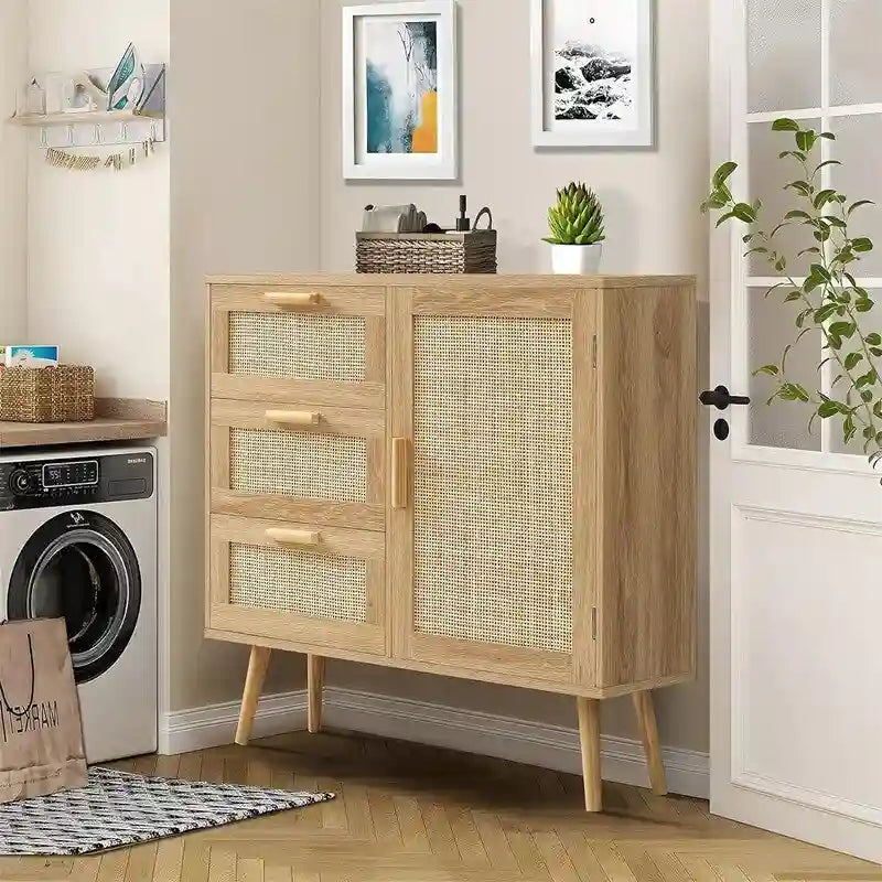 Meuble de rangement avec porte en rotin et 3 tiroirs - 30P x 80L x 78H cm