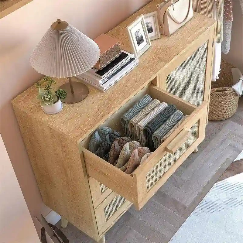 Meuble de rangement avec porte en rotin et 3 tiroirs - 30P x 80L x 78H cm