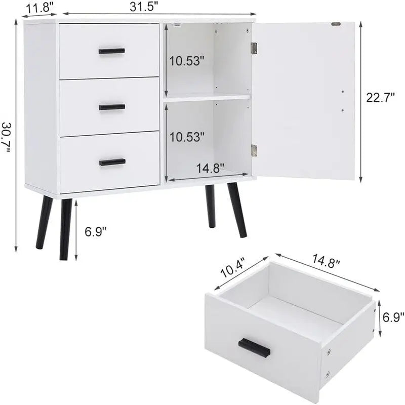 Meuble de rangement avec porte en rotin et 3 tiroirs - 30P x 80L x 78H cm