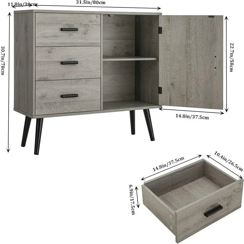 Meuble de rangement avec porte en rotin et 3 tiroirs - 30P x 80L x 78H cm