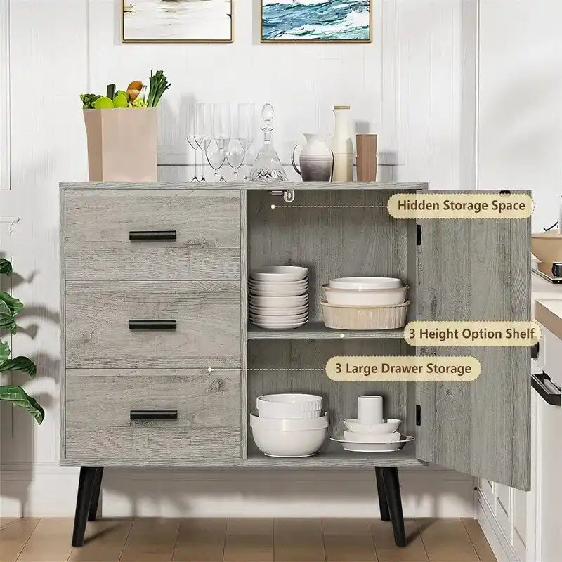Meuble de rangement avec porte en rotin et 3 tiroirs - 30P x 80L x 78H cm
