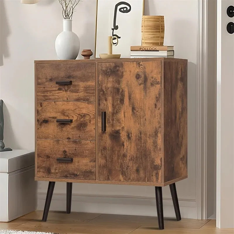 Meuble de rangement avec porte en rotin et 3 tiroirs - 30P x 80L x 78H cm