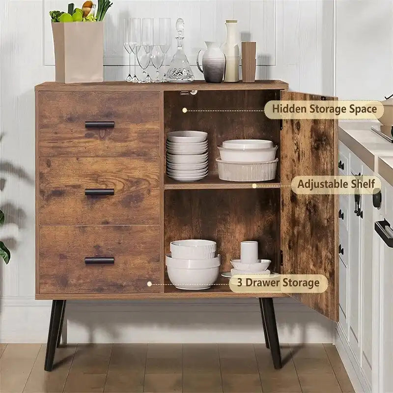 Meuble de rangement avec porte en rotin et 3 tiroirs - 30P x 80L x 78H cm