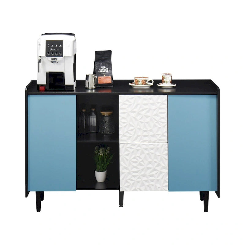 Buffet bahut, armoire de rangement avec portes bleues, 2 tiroirs avec panneau au design unique et 2 compartiments de rangement ouverts