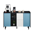 Buffet bahut, armoire de rangement avec portes bleues, 2 tiroirs avec panneau au design unique et 2 compartiments de rangement ouverts