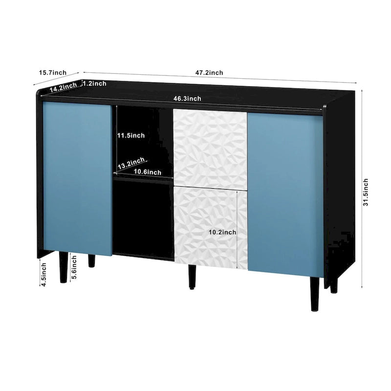 Buffet bahut, armoire de rangement avec portes bleues, 2 tiroirs avec panneau au design unique et 2 compartiments de rangement ouverts