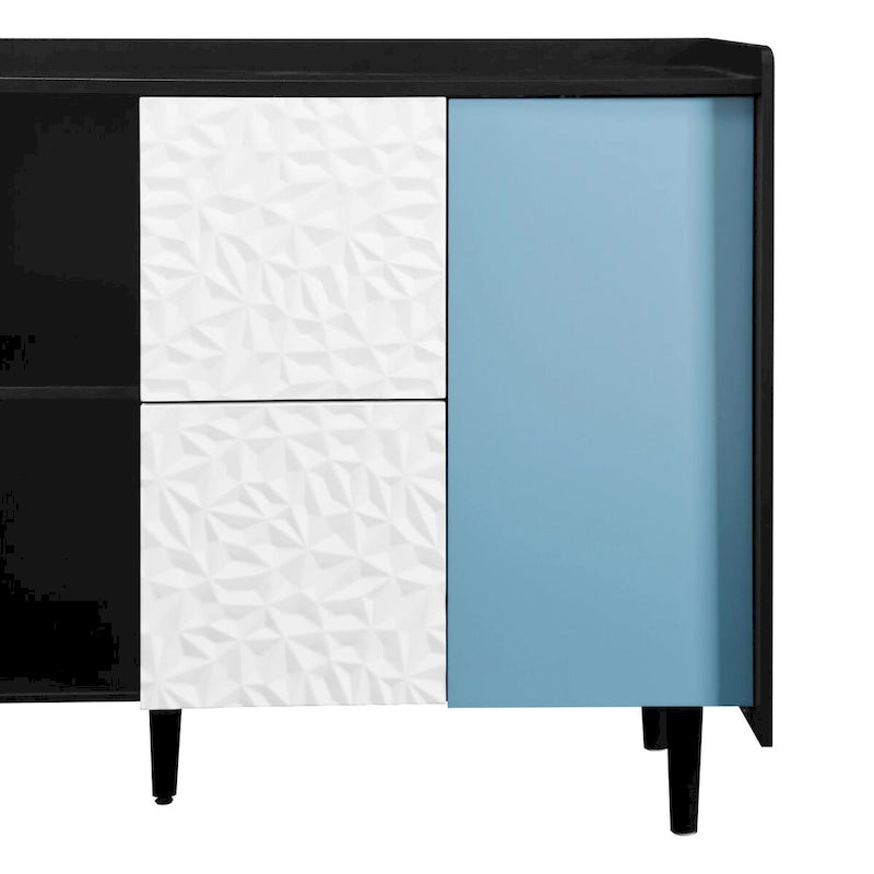 Buffet bahut, armoire de rangement avec portes bleues, 2 tiroirs avec panneau au design unique et 2 compartiments de rangement ouverts