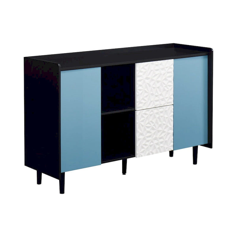 Buffet bahut, armoire de rangement avec portes bleues, 2 tiroirs avec panneau au design unique et 2 compartiments de rangement ouverts