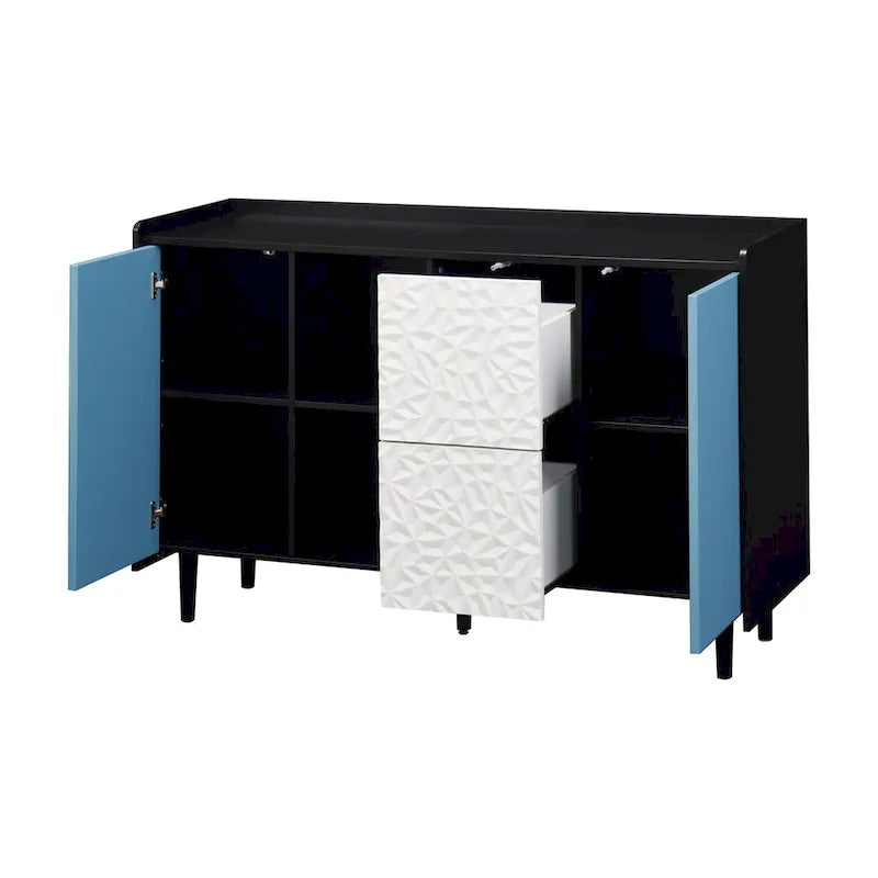 Buffet bahut, armoire de rangement avec portes bleues, 2 tiroirs avec panneau au design unique et 2 compartiments de rangement ouverts