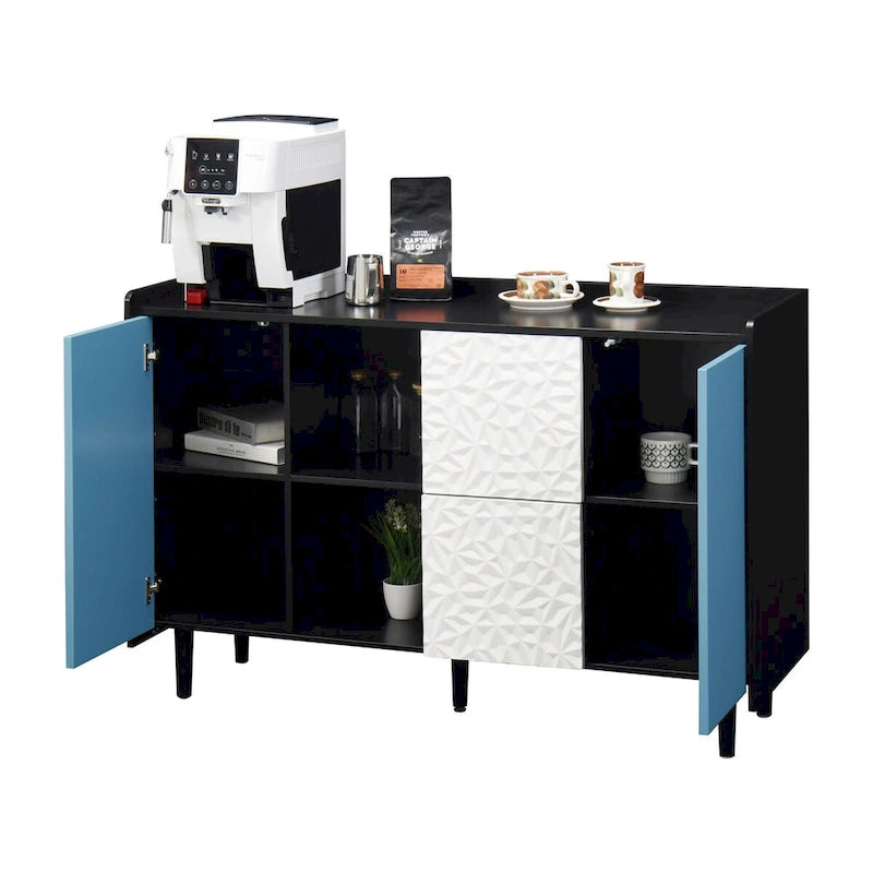 Buffet bahut, armoire de rangement avec portes bleues, 2 tiroirs avec panneau au design unique et 2 compartiments de rangement ouverts