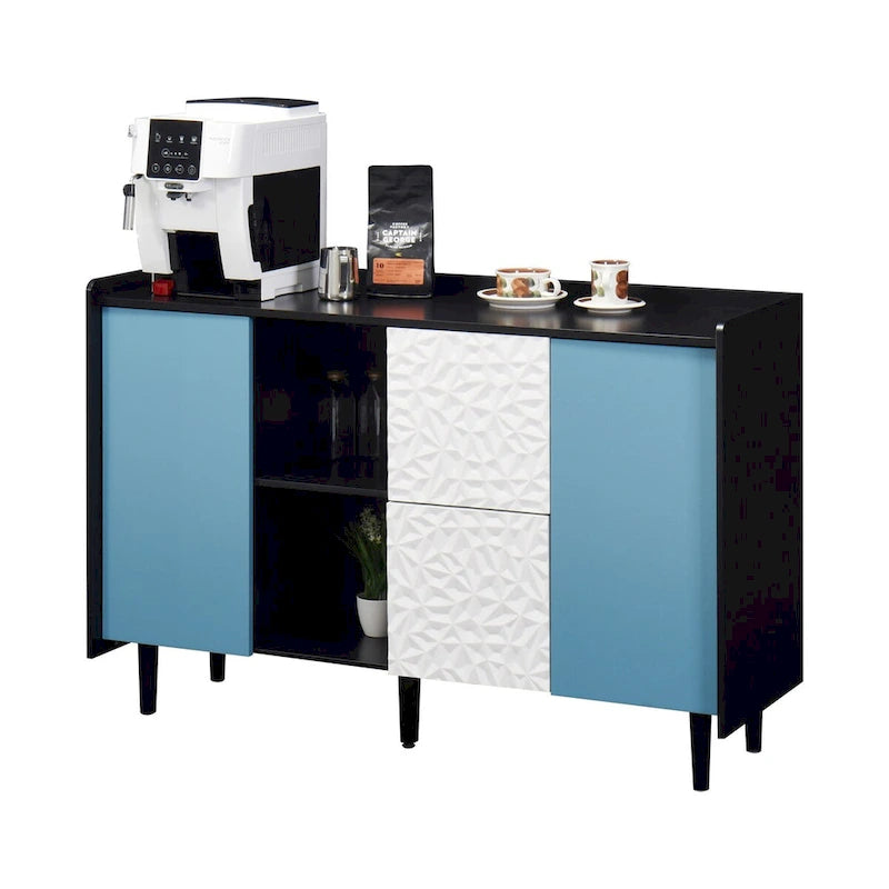 Buffet bahut, armoire de rangement avec portes bleues, 2 tiroirs avec panneau au design unique et 2 compartiments de rangement ouverts