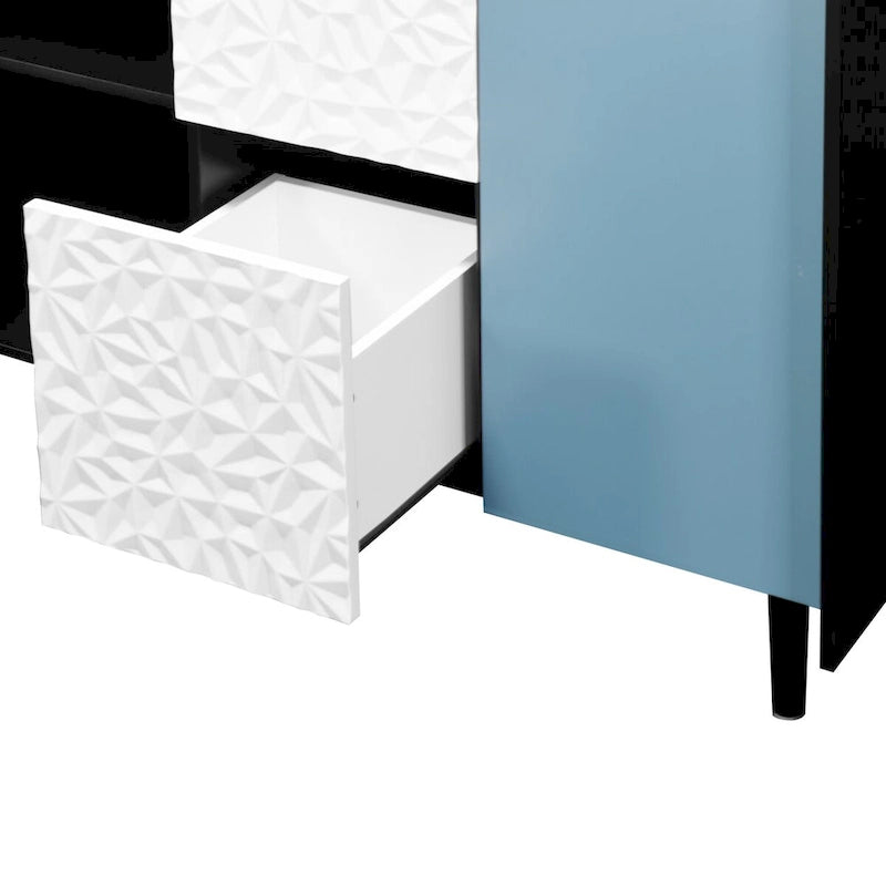 Buffet bahut, armoire de rangement avec portes bleues, 2 tiroirs avec panneau au design unique et 2 compartiments de rangement ouverts