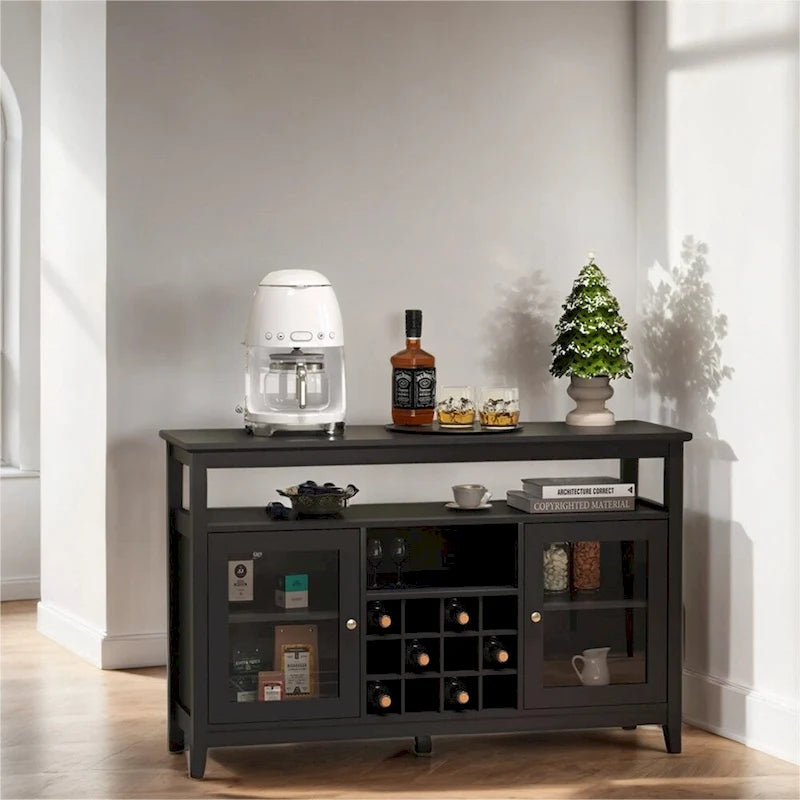 Buffet en bois avec casier à vin et étagères réglables