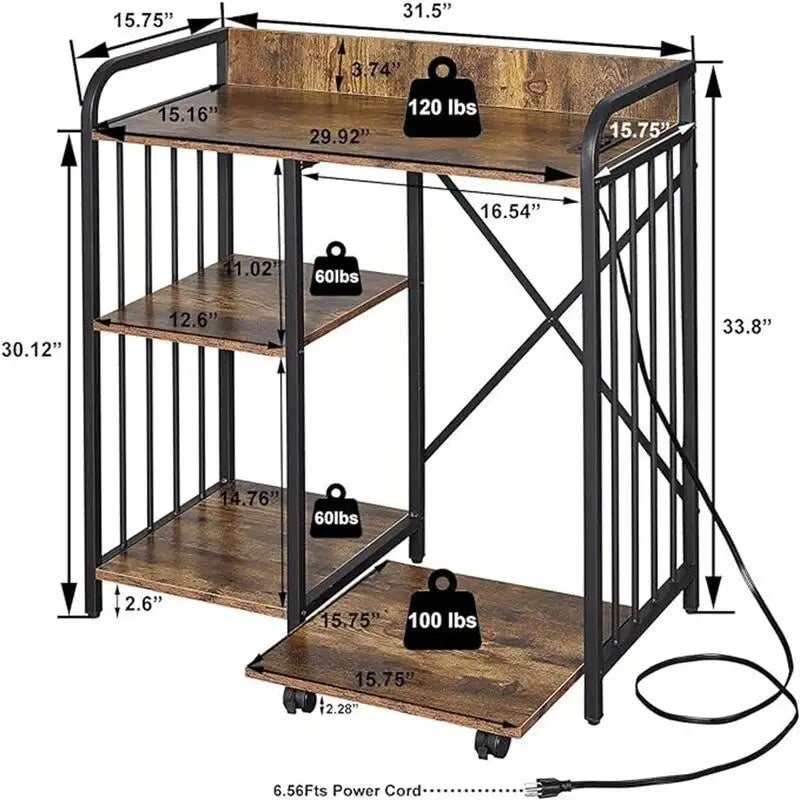 Meuble d'imprimante, étagères de classement latérales de bureau à 3 niveaux avec prise et port de chargement USB - 78,7 x 39,9 x 85,9 cm