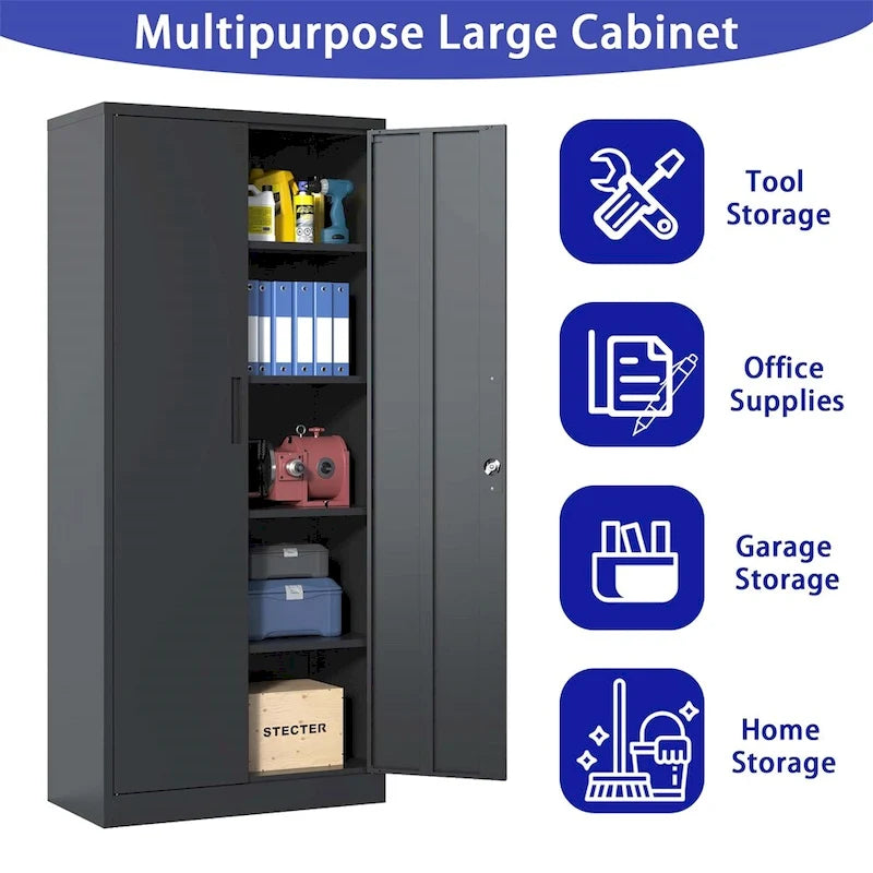 Armoire de rangement de garage en métal avec portes et 4 étagères réglables