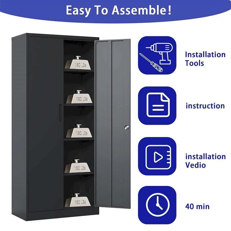 Armoire de rangement de garage en métal avec portes et 4 étagères réglables
