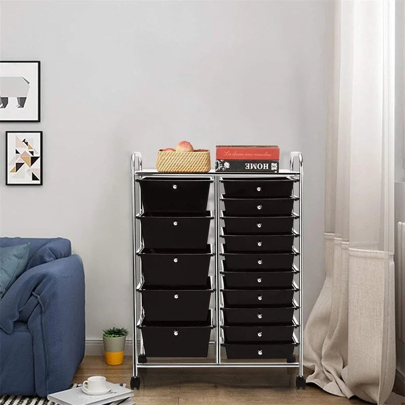 Meuble de rangement à 15 tiroirs sur roulettes verrouillables