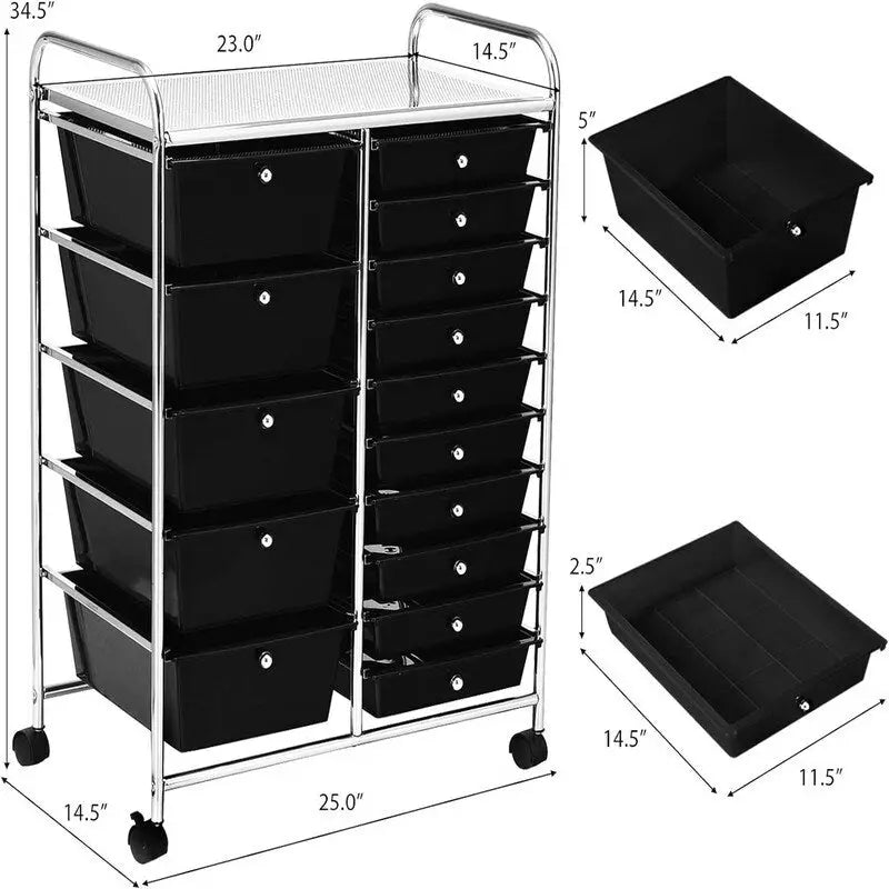 Meuble de rangement à 15 tiroirs sur roulettes verrouillables