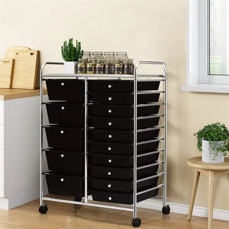 Meuble de rangement à 15 tiroirs sur roulettes verrouillables