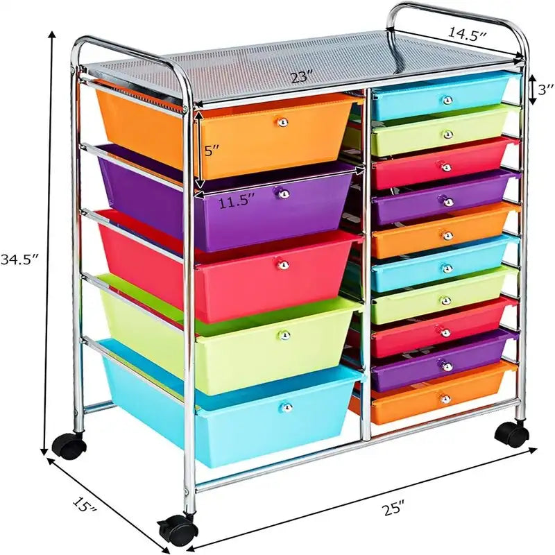 Meuble de rangement à 15 tiroirs sur roulettes verrouillables