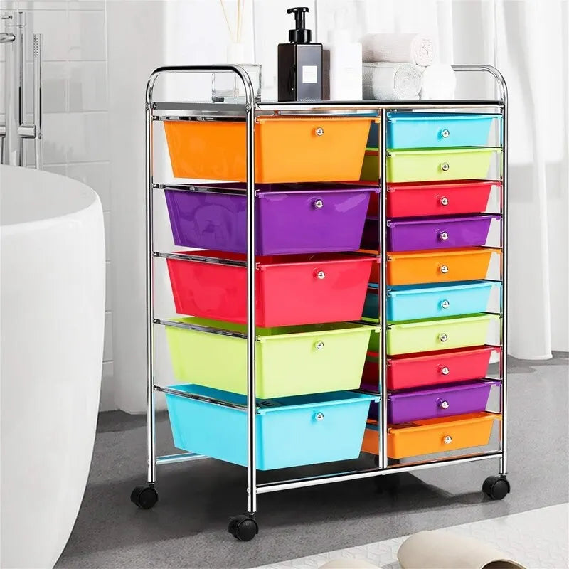 Meuble de rangement à 15 tiroirs sur roulettes verrouillables