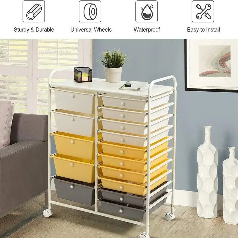 Meuble de rangement à 15 tiroirs sur roulettes verrouillables