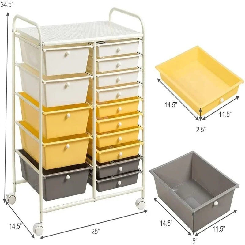 Meuble de rangement à 15 tiroirs sur roulettes verrouillables