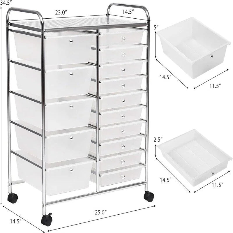 Meuble de rangement à 15 tiroirs sur roulettes verrouillables