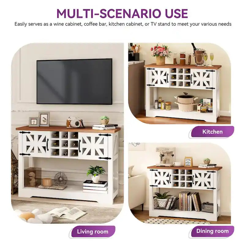 Buffet de rangement de style campagnard en bois blanc avec casier à vin et étagères ouvertes