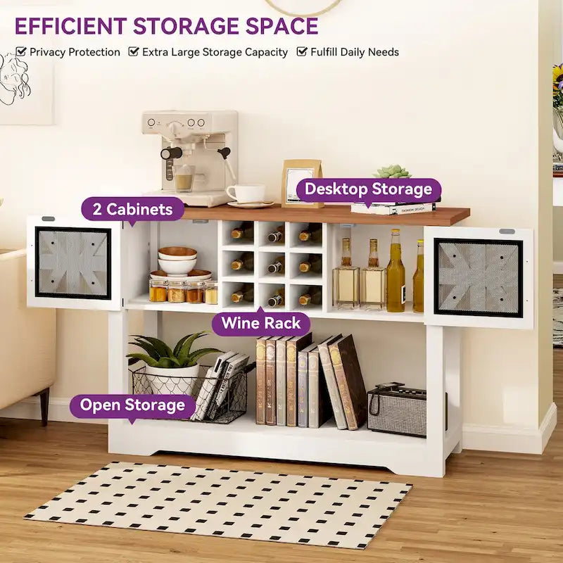 Buffet de rangement de style campagnard en bois blanc avec casier à vin et étagères ouvertes