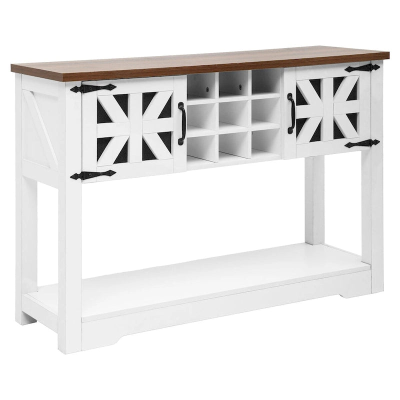 Buffet de rangement de style campagnard en bois blanc avec casier à vin et étagères ouvertes
