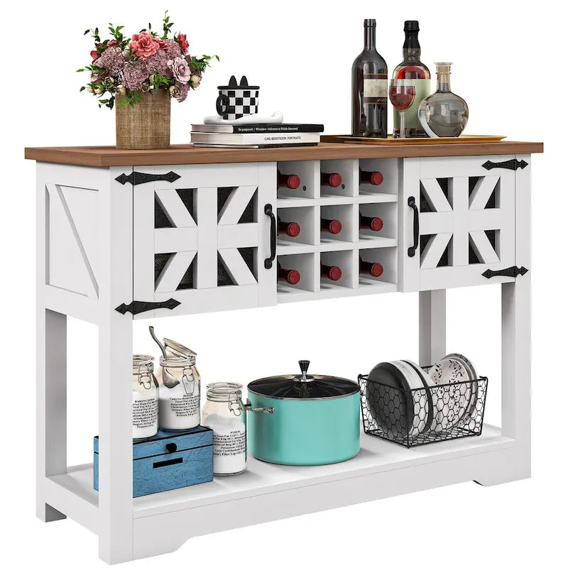 Buffet de rangement de style campagnard en bois blanc avec casier à vin et étagères ouvertes
