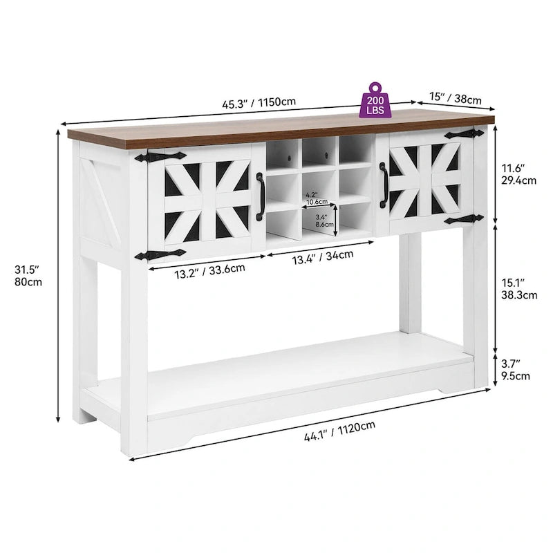 Buffet de rangement de style campagnard en bois blanc avec casier à vin et étagères ouvertes