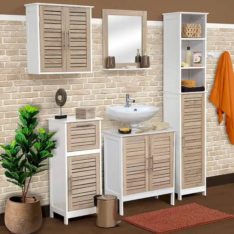 Armoire de rangement à linge avec porte persiennée et tiroir
