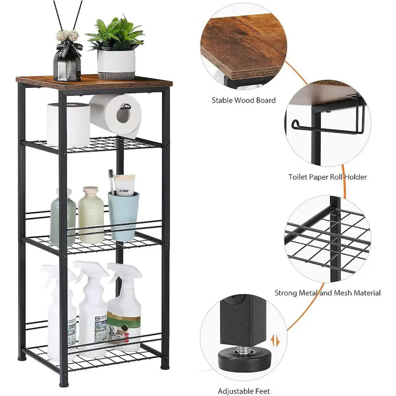 Étagère de rangement de salle de bain à 4 niveaux avec porte-papier toilette
