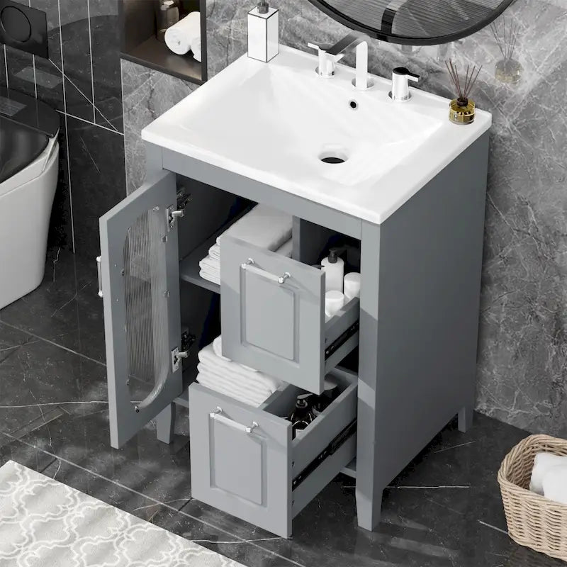 Meuble-lavabo de salle de bain avec vasque en céramique, deux tiroirs et porte de rangement