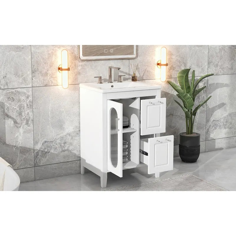 Meuble-lavabo de salle de bain avec vasque en céramique, deux tiroirs et porte de rangement