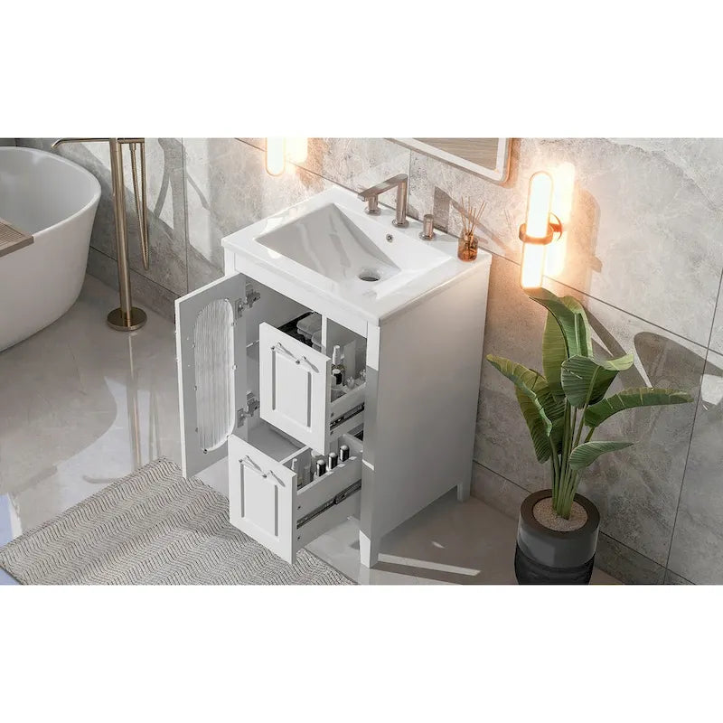 Meuble-lavabo de salle de bain avec vasque en céramique, deux tiroirs et porte de rangement