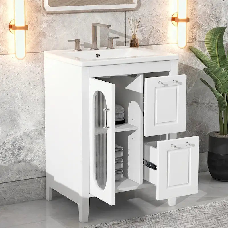 Meuble-lavabo de salle de bain avec vasque en céramique, deux tiroirs et porte de rangement
