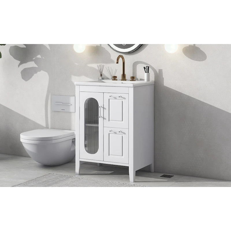 Meuble-lavabo de salle de bain avec vasque en céramique, deux tiroirs et porte de rangement