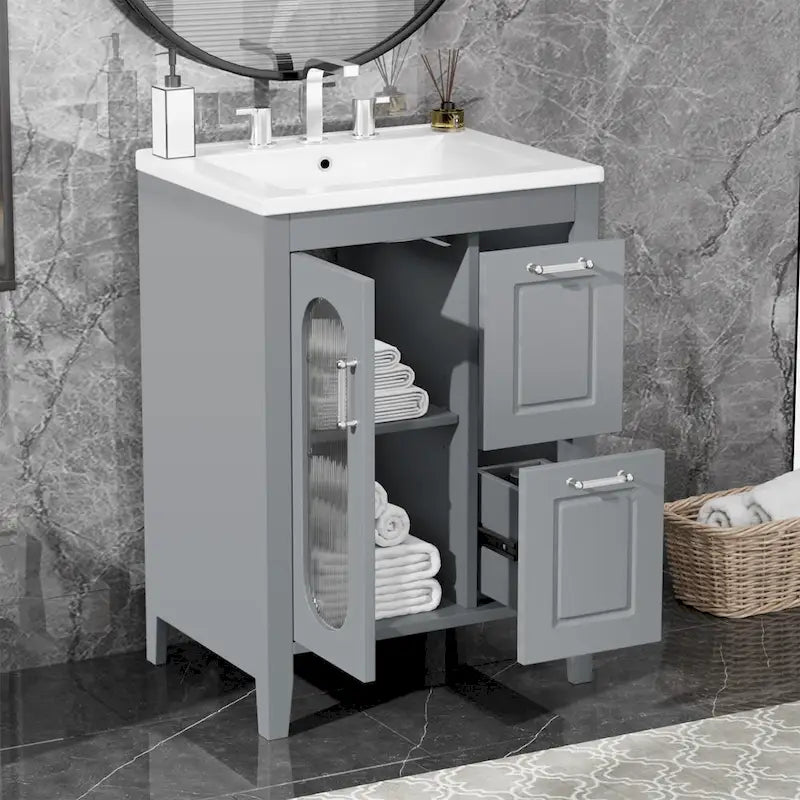 Meuble-lavabo de salle de bain avec vasque en céramique, deux tiroirs et porte de rangement