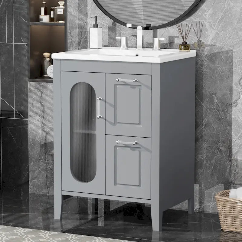 Meuble-lavabo de salle de bain avec vasque en céramique, deux tiroirs et porte de rangement