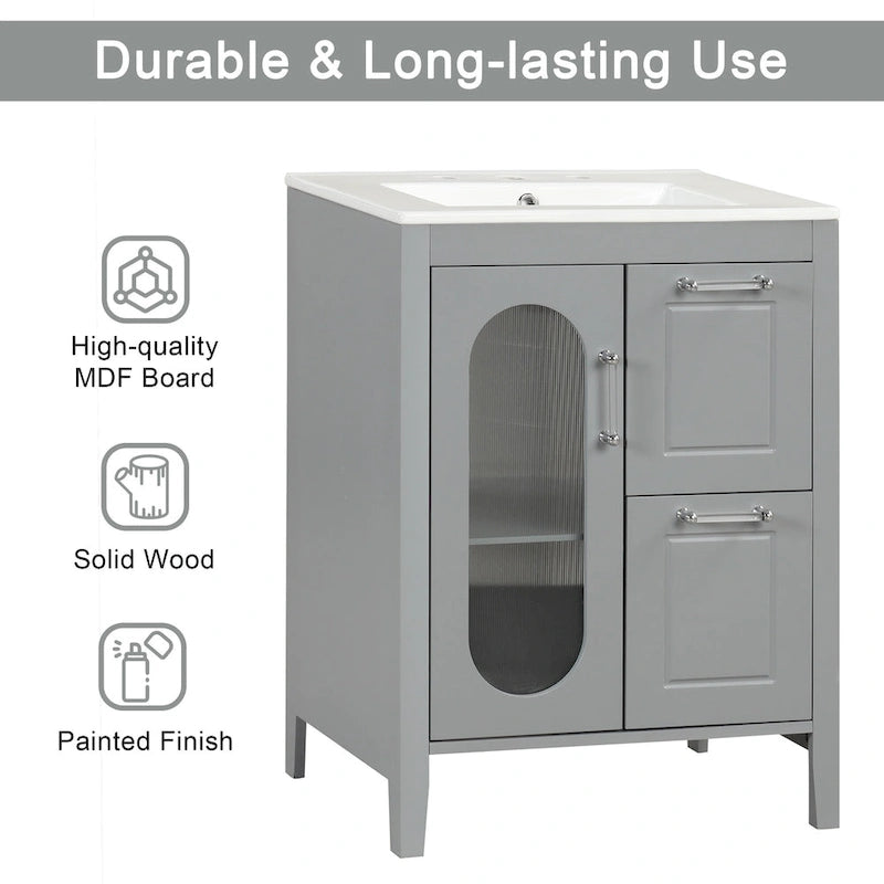 Meuble-lavabo de salle de bain avec vasque en céramique, deux tiroirs et porte de rangement