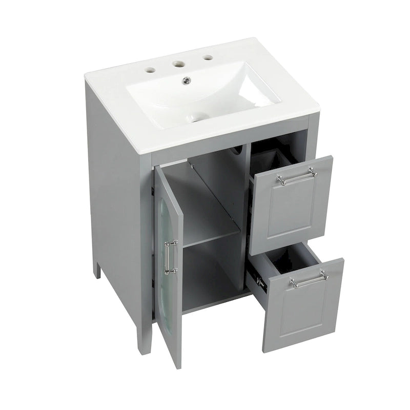 Meuble-lavabo de salle de bain avec vasque en céramique, deux tiroirs et porte de rangement