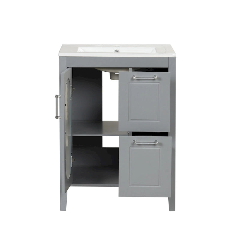 Meuble-lavabo de salle de bain avec vasque en céramique, deux tiroirs et porte de rangement