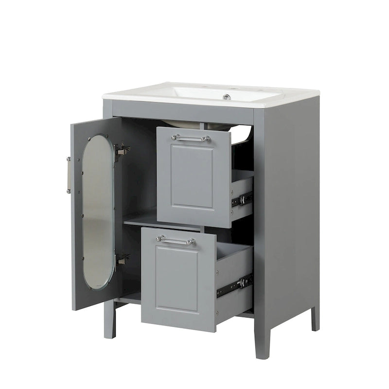 Meuble-lavabo de salle de bain avec vasque en céramique, deux tiroirs et porte de rangement