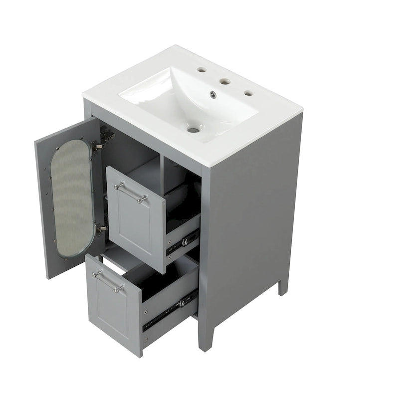 Meuble-lavabo de salle de bain avec vasque en céramique, deux tiroirs et porte de rangement